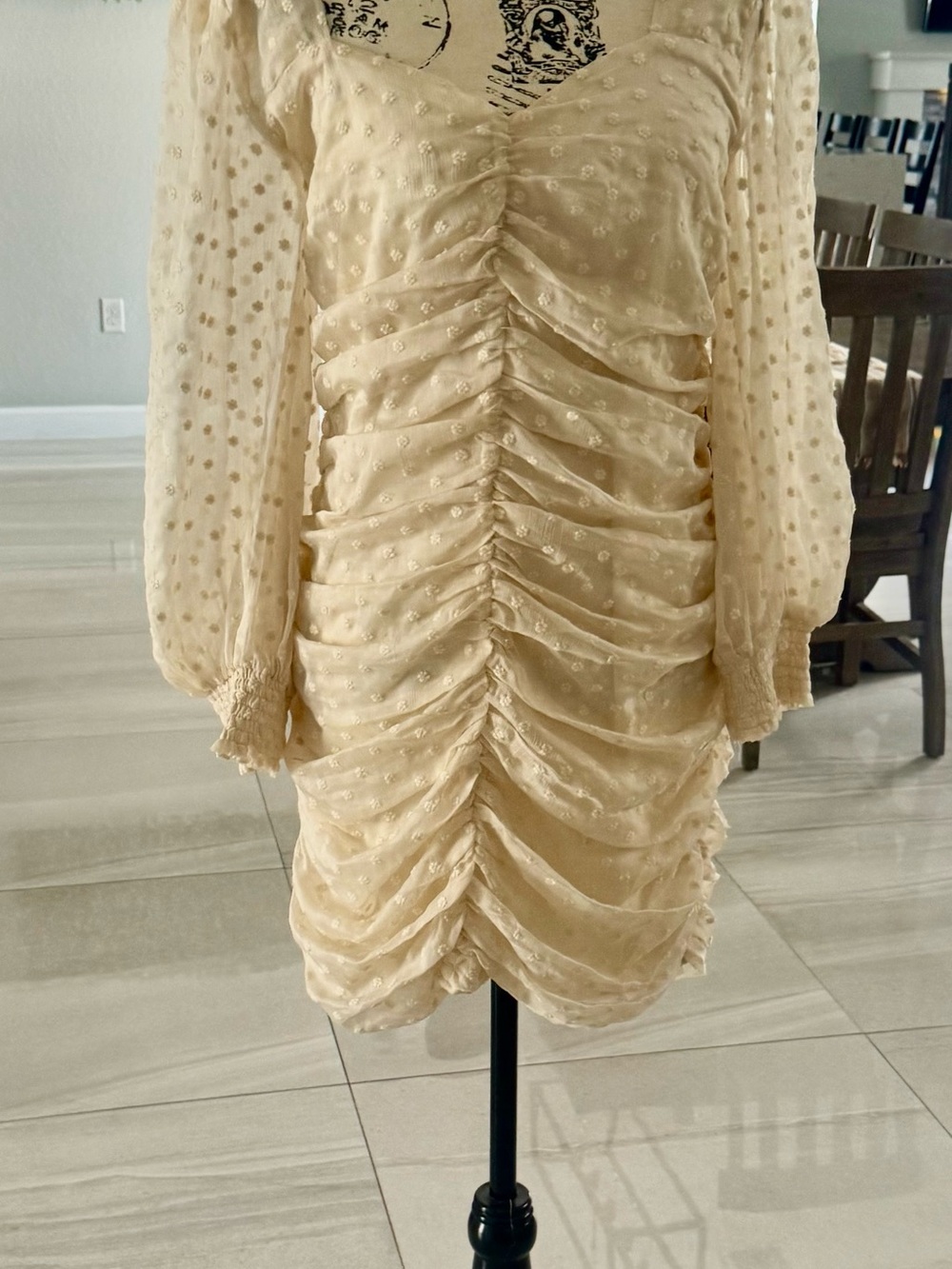 Just Me Cream Ruched Swiss Dot Mini Dress